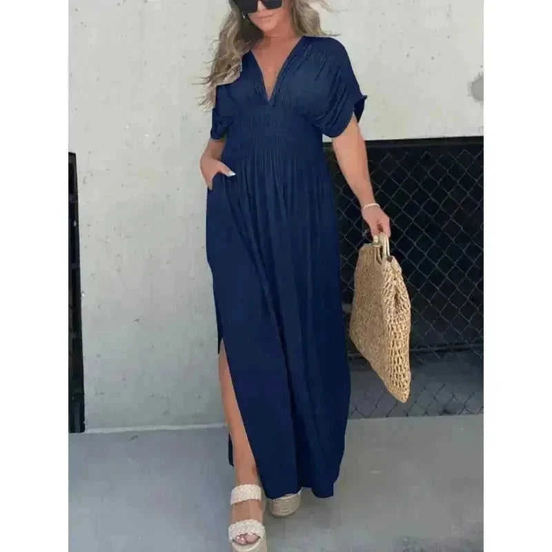 batwing sleeve dress | v-neck summer dress | elastic waist long dress | ultrasonic cleaning