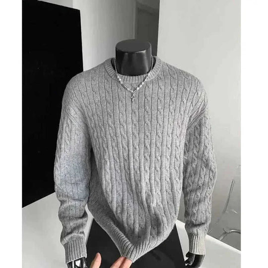 Retro Twist Round Neck Sweater Loose Casual Sweater - side view (material: polyester | color: white, navy | pattern: check)