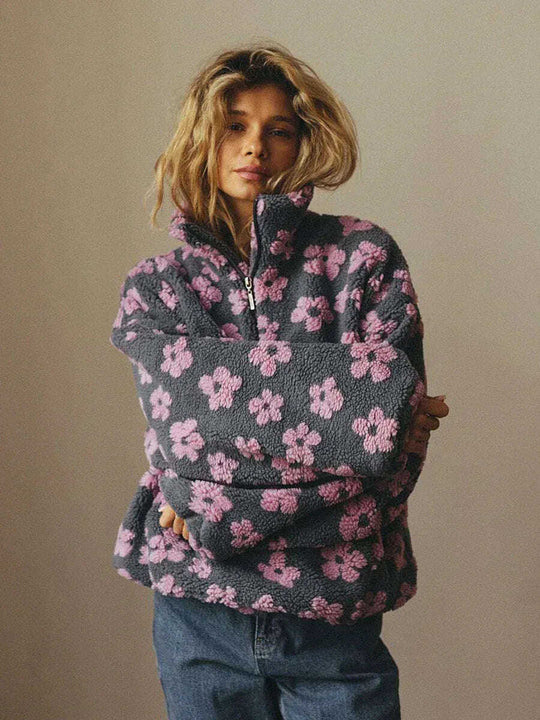 Winter Flowers Lambskin Sweatshirt With Big Pocket Casual Loose Zip-up Lapel Pullover Top Women's Clothing Meifu Market
