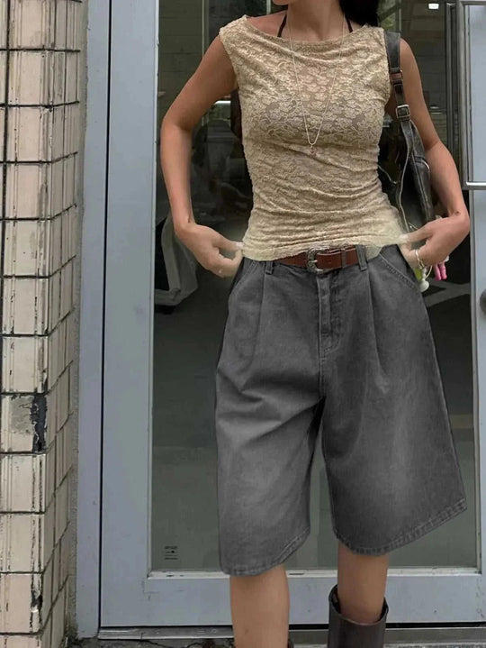 retro pleated denim shorts | wide leg denim shorts | straight cut denim shorts | ultrasonic cleaning