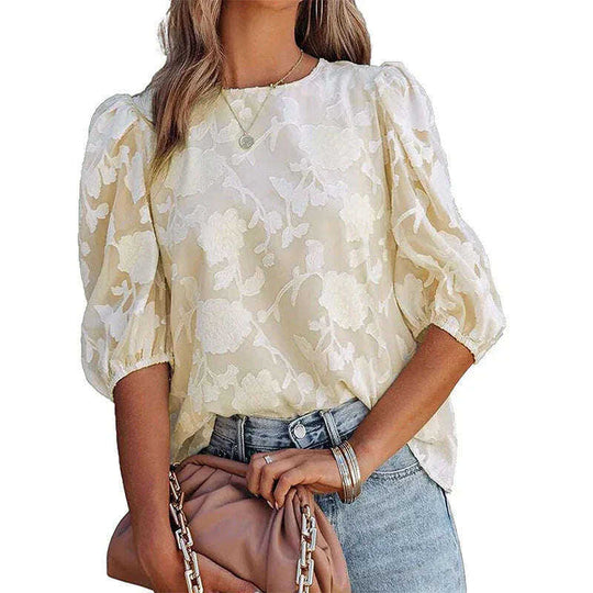 Women's Puff Sleeve Chiffon Loose Top Flower Texture Shirt Meifu Market