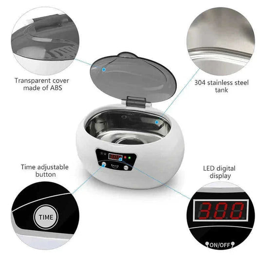 stainless steel tank construction | 600ml capacity ultrasonic cleaner | jewelry and glasses cleaner | energy saving
