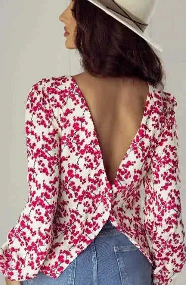 red floral print blouse | long sleeve open back top | chiffon material blouse | ultrasonic cleaning