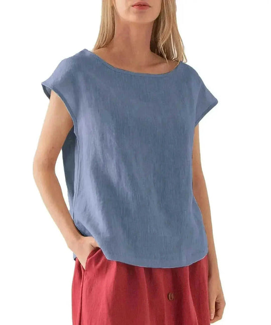 linen blend fabric | breathable short sleeve t-shirt | loose fit casual top | ultrasonic cleaning