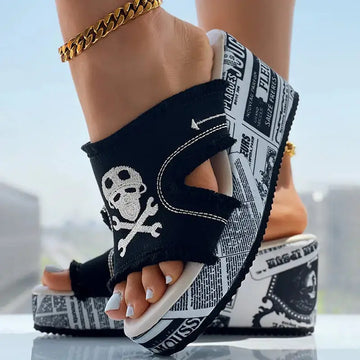Newspaper Skull Original Hem Platform Wedge Slides - Anklet Not Included Meifu Market