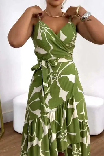 floral print dress | cross collar belt dress | elegant womens dress | energy saving