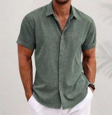 Men's Linen-Blend Short Sleeve Loose Shirt with Double Placket - Meifu Market