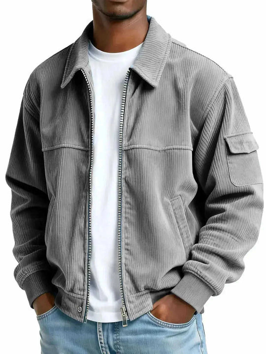 Men's Retro Corduroy Jacket - Casual Long Sleeve Pocket Coat Navy Blue - color variant display