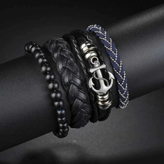 braided leather bracelet for men | vintage charm wood beads | adjustable wrap wristband | ultrasonic cleaning