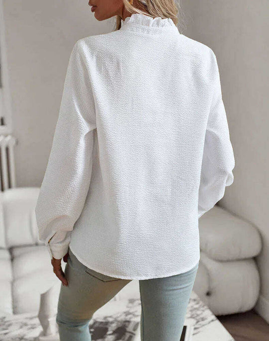Striped Long Sleeve Shirt Fashion Ruffle Design Button Up Tops Casual Office Blouse Elegant Commuting Women's Clothing Meifu Market