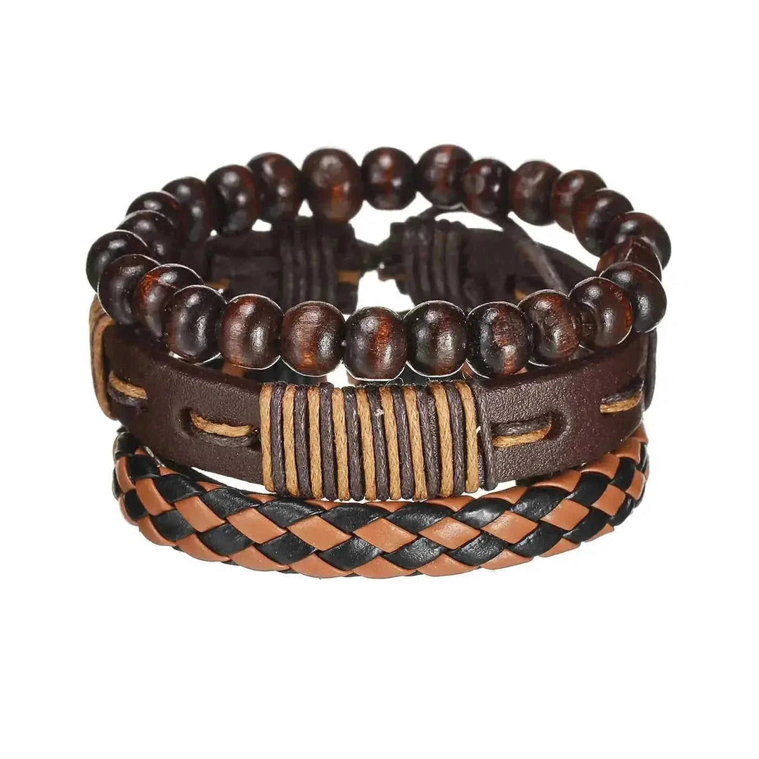 braided leather bracelet for men | vintage charm wood beads | adjustable wrap wristband | energy saving