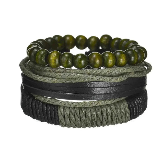 braided leather bracelet for men | vintage charm wood beads | adjustable wrap wristband | energy saving