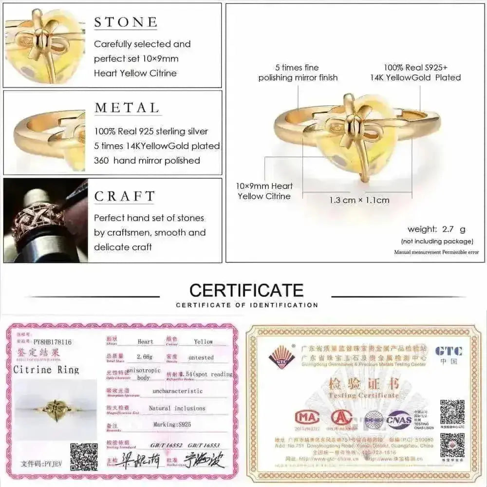 925 Sterling Silver Citrine Ring - Natural Lemon Crystal Love Bow with 14K Gold Plating - side view (color: gold, silver...