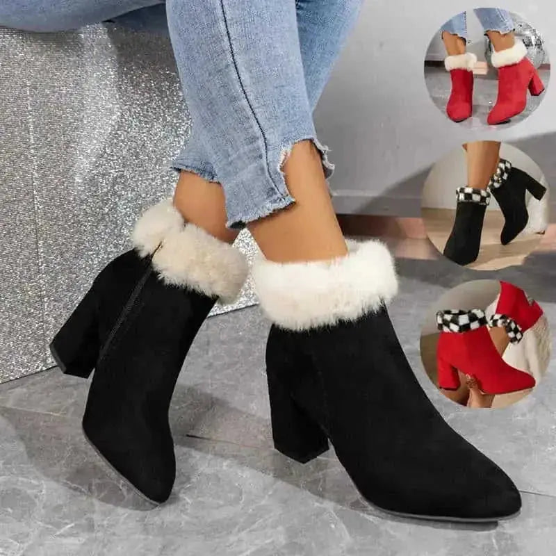 suede plush ankle boots | square heel winter boots | plaid print casual shoes | ultrasonic cleaning