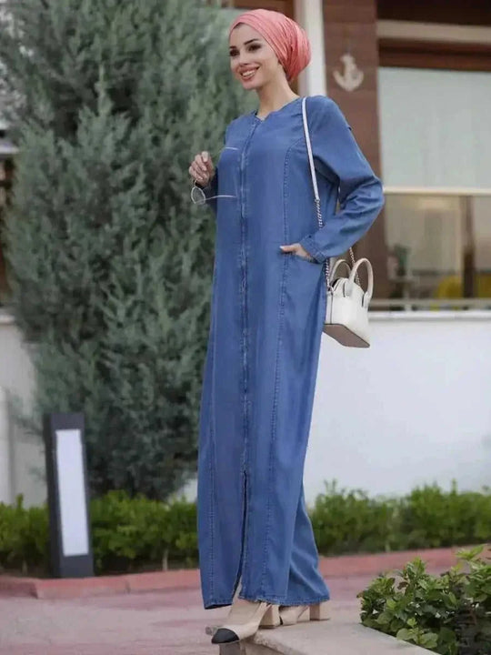 long sleeve denim dress | arabic style dress | zipper stitching details | energy saving