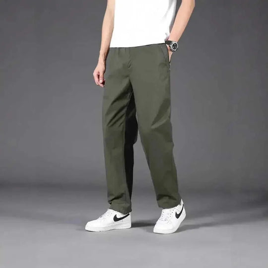 stretch cotton fabric | elastic waistband with drawstring | relaxed fit trousers | ultrasonic cleaning