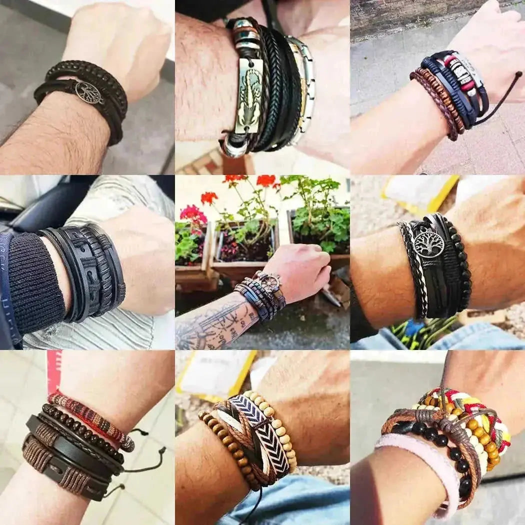 braided leather bracelet for men | vintage charm wood beads | adjustable wrap wristband | energy saving