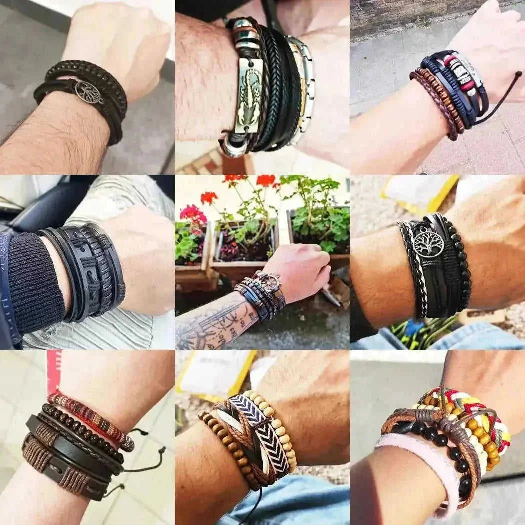 braided leather bracelet for men | vintage charm wood beads | adjustable wrap wristband | energy saving
