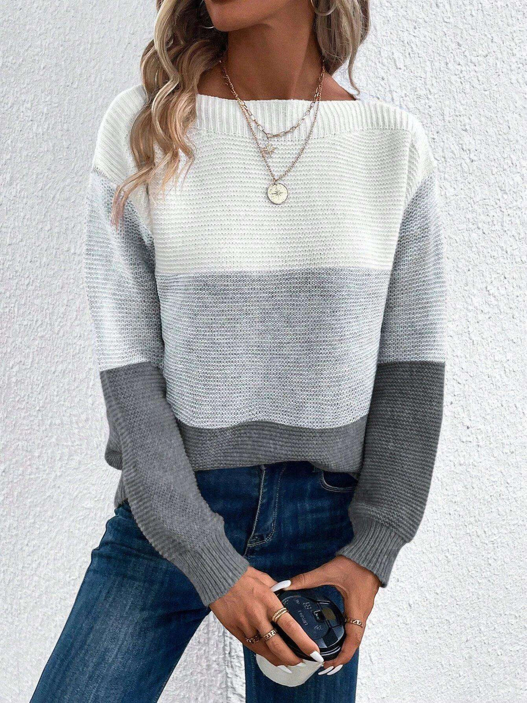 Pullover Knitted Sweater Fashion Round Neck Splicing Knitwear Loose Top Women's Clothing Meifu Market