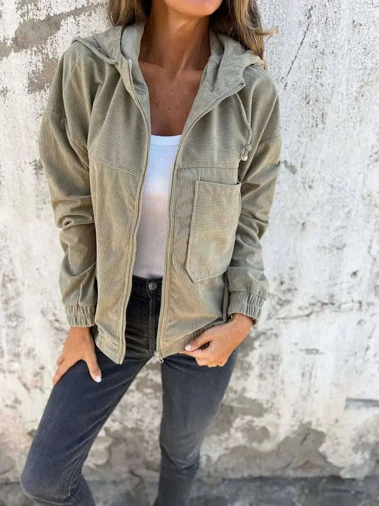 Corduroy Hooded Zip-up Jacket With Pockets Fashion Casual Drawstring Tops Outerwear Women's Clothing Meifu Market