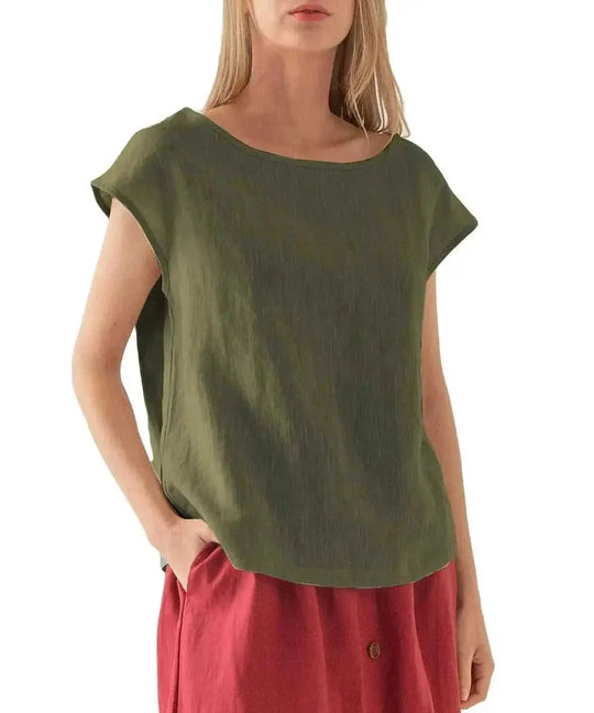linen blend fabric | breathable short sleeve t-shirt | loose fit casual top | ultrasonic cleaning