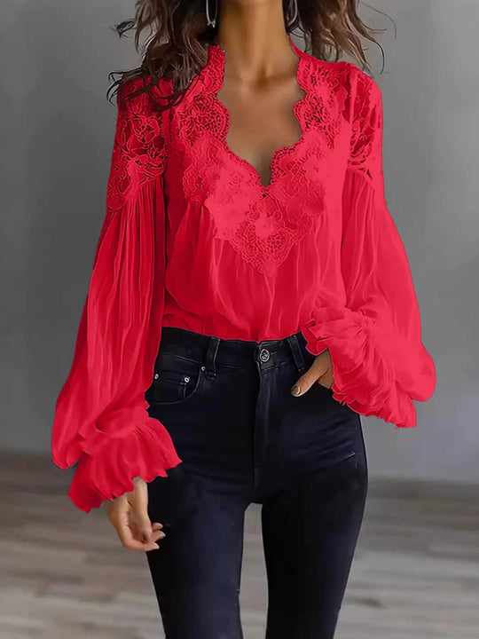 Women's Lace-Panel Puff-Sleeve Pleated Shirt - Meifu Market
