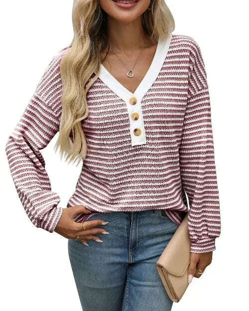 Women's V-neck Buttons Pullover Patchwork Casual Long-sleeved Top Meifu Market