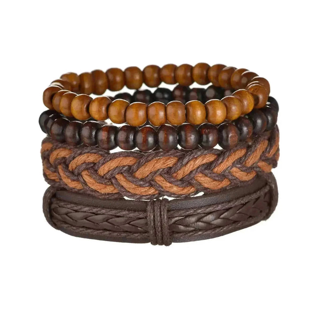 braided leather bracelet for men | vintage charm wood beads | adjustable wrap wristband | energy saving