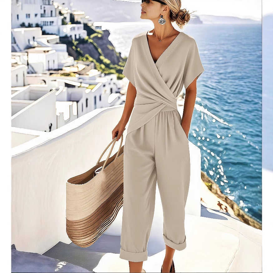 Women's V-Neck Two-Piece Pleated Suit Set - Meifu Market