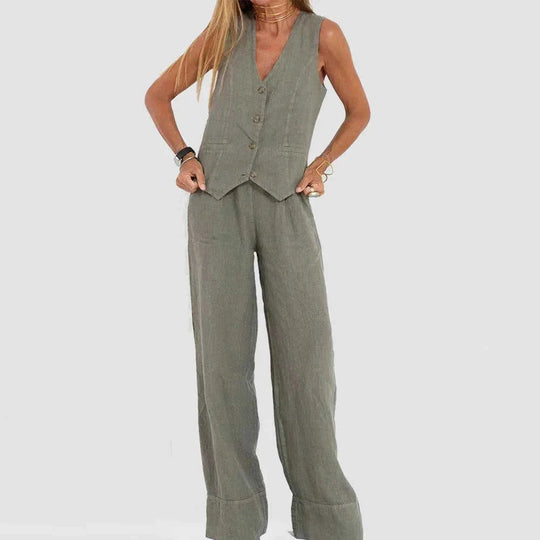 lightweight linen blend fabric | high-waisted wide-leg trousers | breathable sleeveless vest top | energy saving