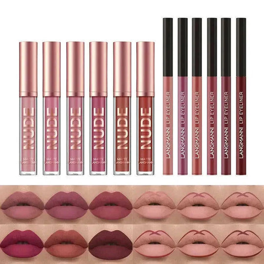 Lip Liner And Lipstick Makeup 12 Pcs Set 6 Matte Lipstick 6 Lip Liner Pens Waterproof Long Lasting Matte Lipstick Beauty C...