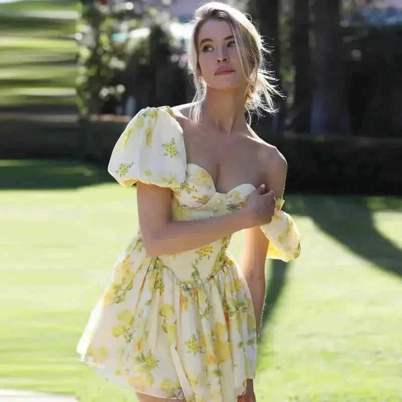 floral print dress | fishbone tube top | puff sleeve dress | energy saving