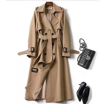 Women's Classic Trench Coat, Solid Color Long Sleeve Belted Mid-Length Jacket With Button Detail For Spring And Fall Meifu Market