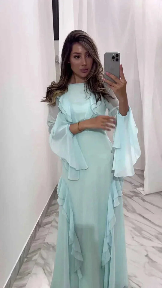 round neck ruffle sleeve maxi dress | chiffon long sleeve maxi dress | floor length evening gown | ultrasonic cleaning