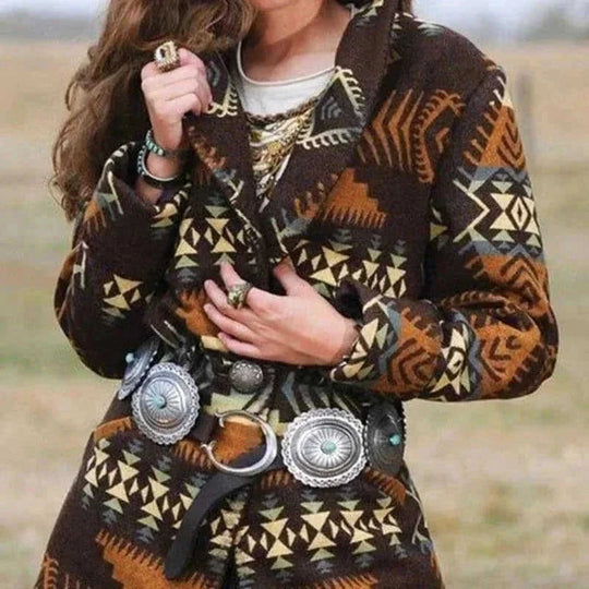 mid-length wool coat | printed lapel coat women | long sleeve wool coat | energy saving