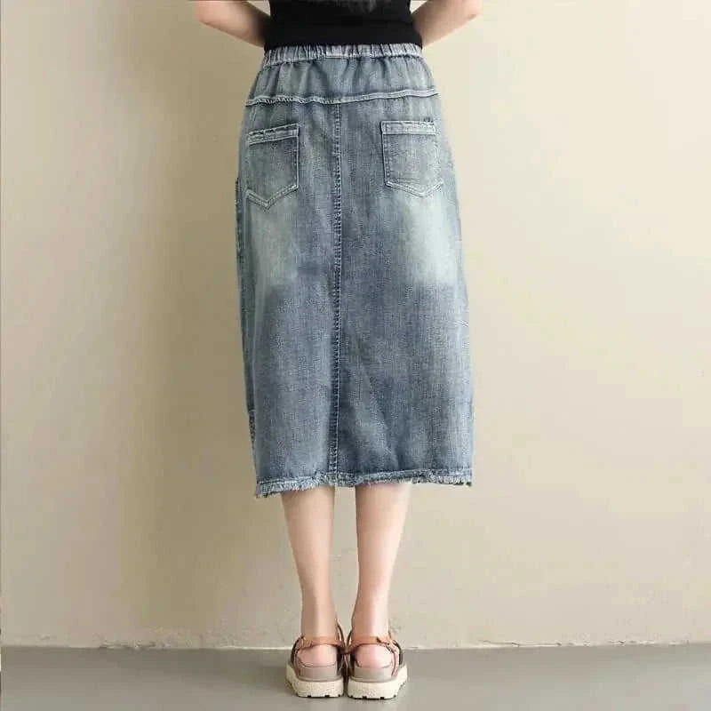 plus size embroidered denim skirt | heavy embroidery maxi skirt | ethnic style denim skirt | energy saving