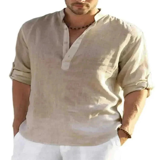 cotton linen blend fabric | loose fit long sleeve shirt | mens casual solid color shirt | energy saving