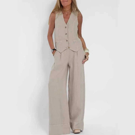 lightweight linen blend fabric | high-waisted wide-leg trousers | breathable sleeveless vest top | ultrasonic cleaning