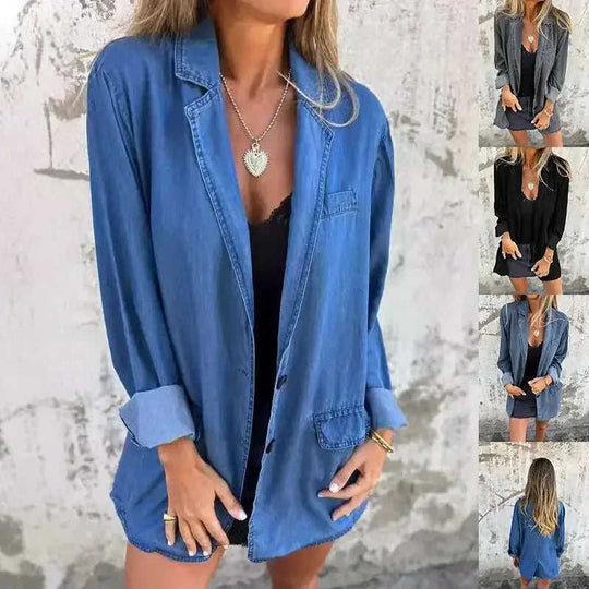 Lapel Shirt Jacket Ins Fashion Solid Color Long-sleeved Denim Top Autumn And Spring Casual Daily Streetwear Women's Clothing Meifu Market