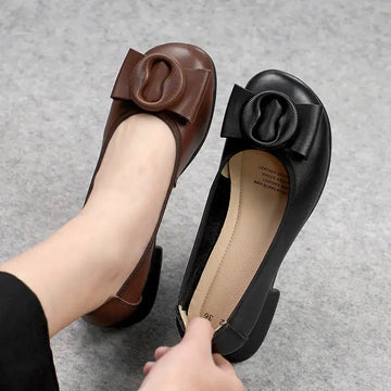 Low-cut Authentic Leather Women's Mid Heel Slip-on Round Head Pumps Meifu Market