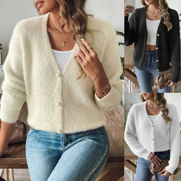 pearl buckle cardigan | four button sweater | woven knit fabric | energy saving