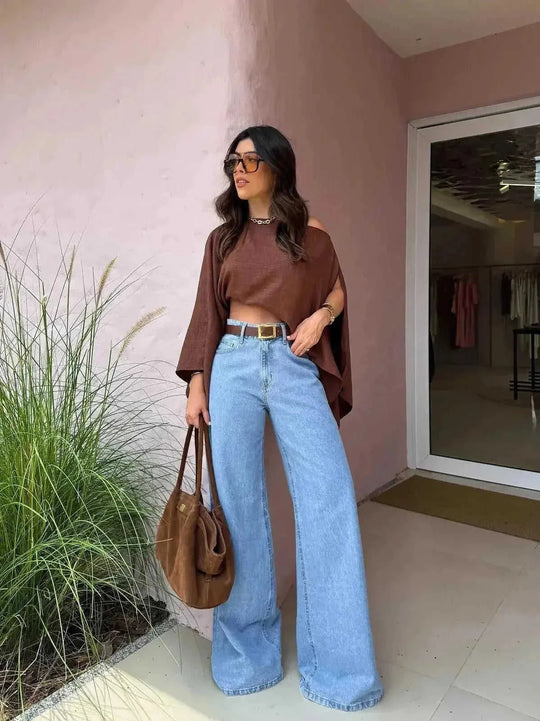 Brown Off Shoulder Crop Top - Meifu Market