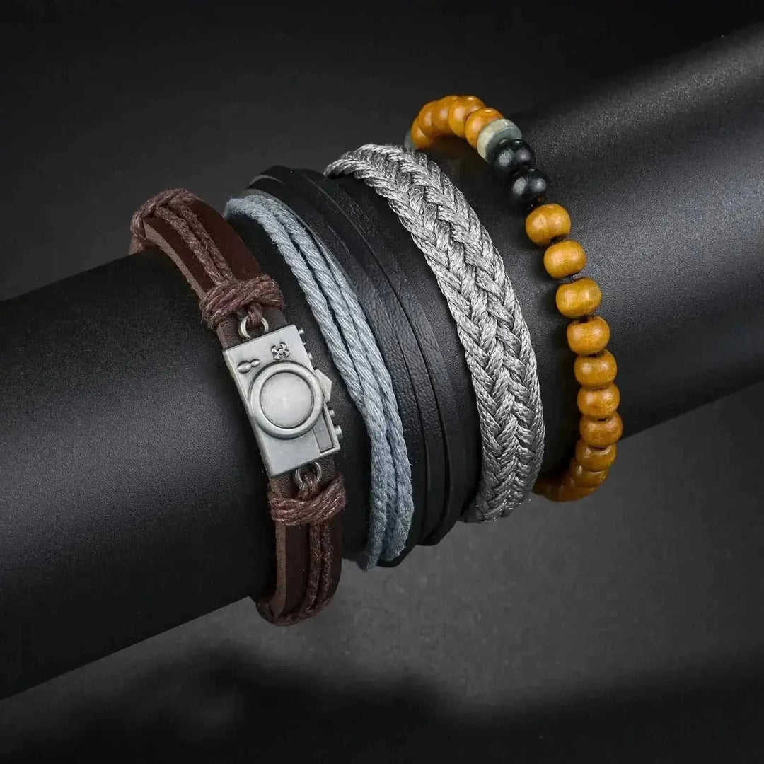 braided leather bracelet for men | vintage charm wood beads | adjustable wrap wristband | energy saving