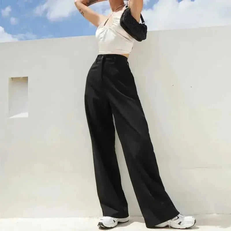 high-waisted wide-leg trousers | wool blend suit pants | pleated front dress trousers | ultrasonic cleaning