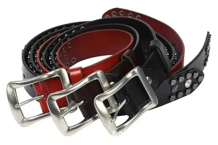 mens punk style leather belt | heavy duty belt for daily wear | adjustable belt with metal rivets | energy saving