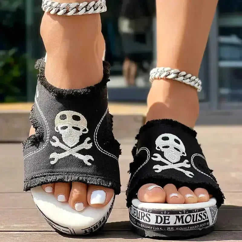Newspaper Skull Original Hem Platform Wedge Slides - Anklet Not Included Meifu Market