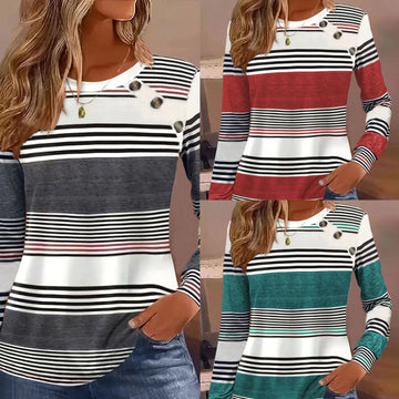 Casual Button Striped Long Sleeve Women's T-shirt Meifu Market