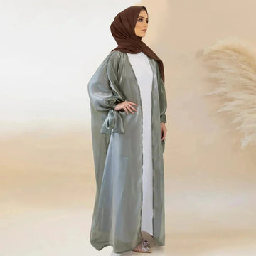 lace-up satin cardigan robe | open front abaya with bow | lily satin kimono robe | ultrasonic cleaning