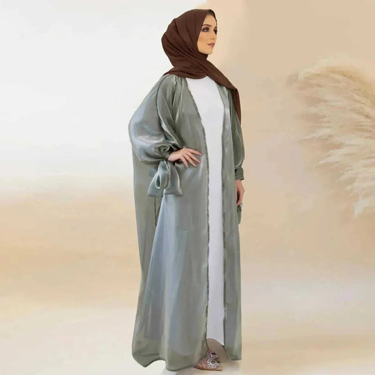 lace-up satin cardigan robe | open front abaya with bow | lily satin kimono robe | ultrasonic cleaning