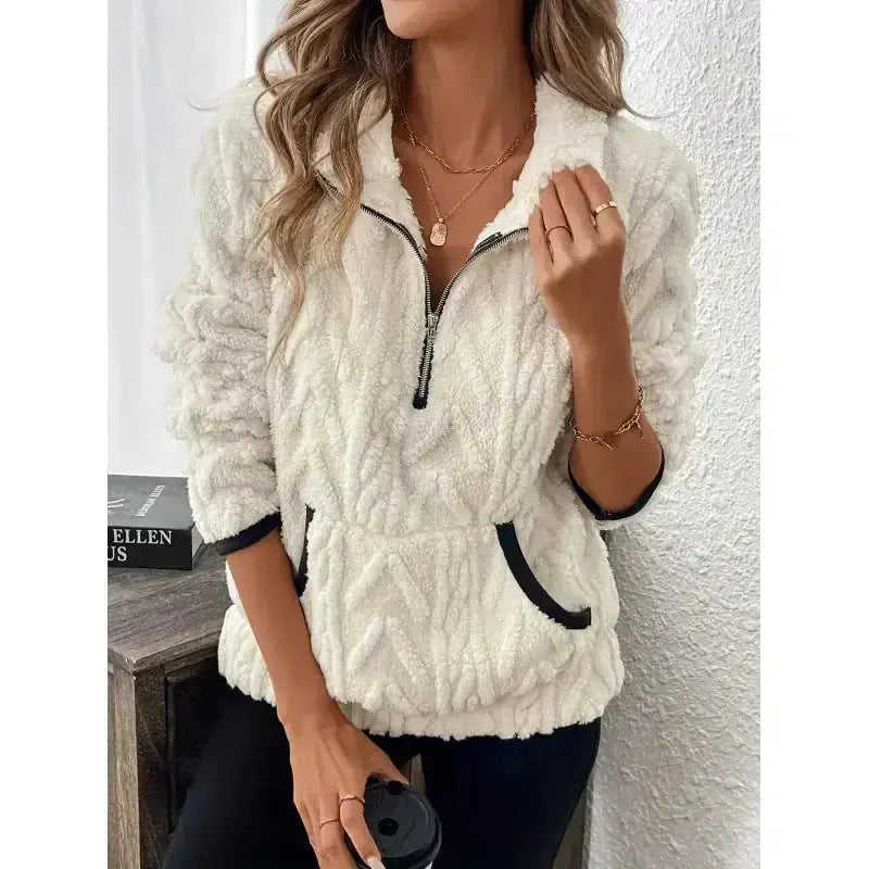 Contrast Color Half-open Collar Plush Women's Sweater Meifu Market